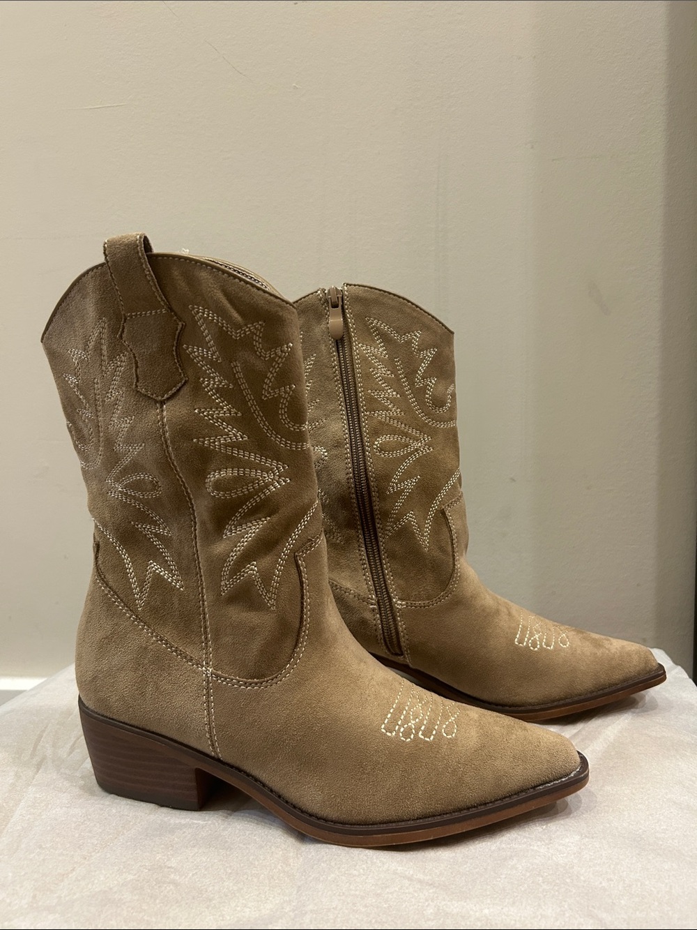 Taupe Suede Western Cowboy Boots with Embroidered Stitching